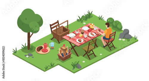 Outdoor picnic scene with family gathering around table in garden setting