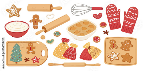 A cute gingerbread-themed bakery tools vector set including rolling pins, cookie cutters, icing bags, sweet treats, and cozy holiday kitchen details in a soft festive style.