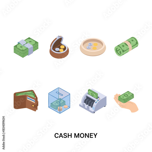 Cash and money isometric icons set