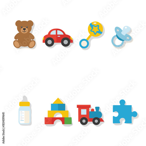 Baby toys and items flat icons set