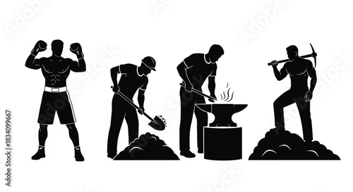 Silhouettes represent diverse labor: boxing, digging, blacksmithing, and mining.