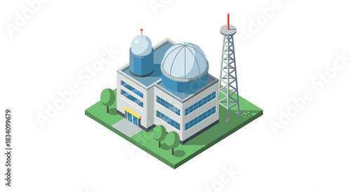 Isometric observatory with telescope and antenna on a green base
