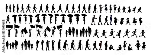 large set of human silhouettes, adults, women, men, kids, children, families, various poses, people silhouette set - vector illustration