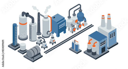 Isometric industrial plant with storage tanks and pipelines for energy production