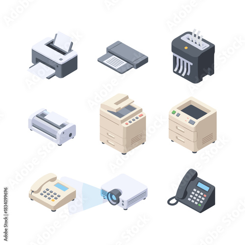 Isometric office equipment illustrations set