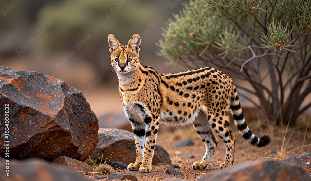 Obraz premium Wild serval prowls through rocky terrain under the warm sun in a serene landscape