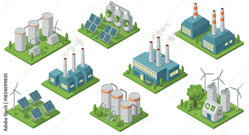 Naklejka premium Isometric renewable energy and industrial plant illustrations with solar panels and wind turbines