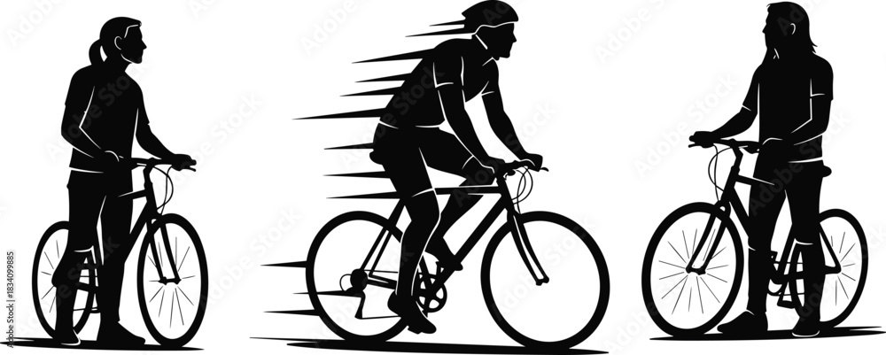 Obraz premium Cycling silhouette, speed motion, dynamic rider, bike race, sport activity, black vector, minimalist art, motion contrast, fitness icon, transportation