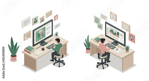 Isometric office workspace with directors reviewing analytics and graphs on monitors