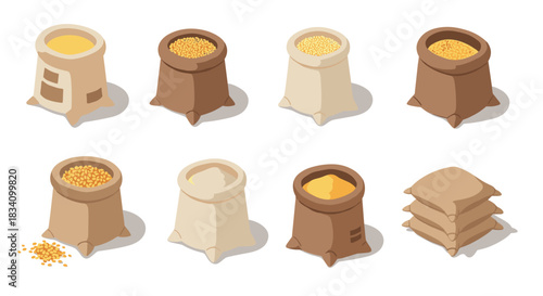 Variety of grain sacks in isometric style featuring wheat, corn, and flour