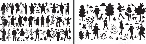 Autumn people illustration, outdoor activity vector, fall season artwork, walking people design, seasonal lifestyle wallpaper, autumn fashion art, people enjoying nature, cozy outdoor scene, modern fa