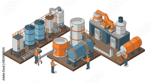 Industrial isometric scene with workers and machinery in factory setting