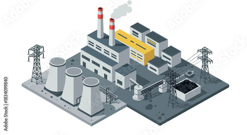 Isometric power plant with cooling towers and industrial buildings