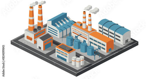 Isometric industrial facility with smokestacks and storage tanks