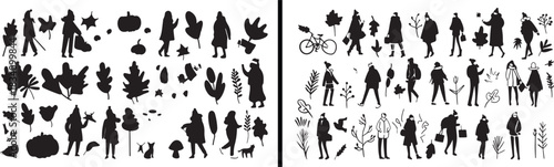 Autumn people illustration, outdoor activity vector, fall season artwork, walking people design, seasonal lifestyle wallpaper, autumn fashion art, people enjoying nature, cozy outdoor scene, modern fa