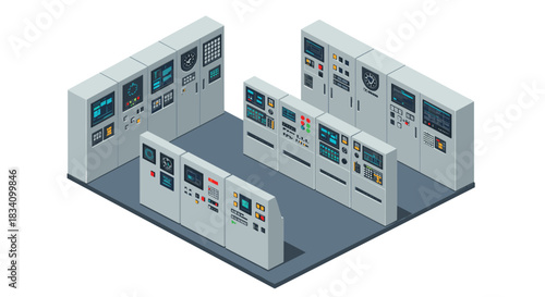 Isometric control room panels with digital displays and switches