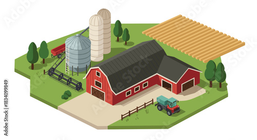 Isometric farm with red barn, silos, and tractor on green field