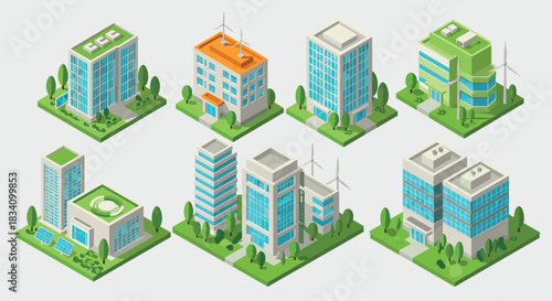 Eco-friendly isometric buildings with green roofs and solar panels