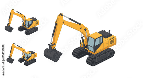 Isometric construction excavator set with yellow diggers in various sizes