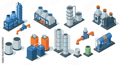 Isometric industrial facility with equipment and pipes for energy production