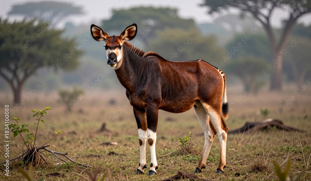 Fototapeta premium Majestic okapi standing gracefully in a lush African savanna during golden hour