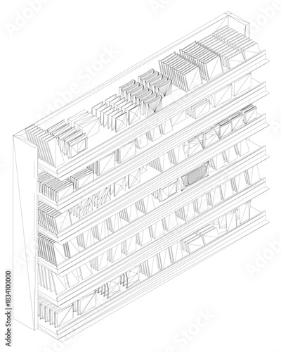 A conceptual library building is constructed entirely from shelves stocked with colorful books, resembling a wireframe architectural model. This creative illustration merges concepts of a shop, snack.