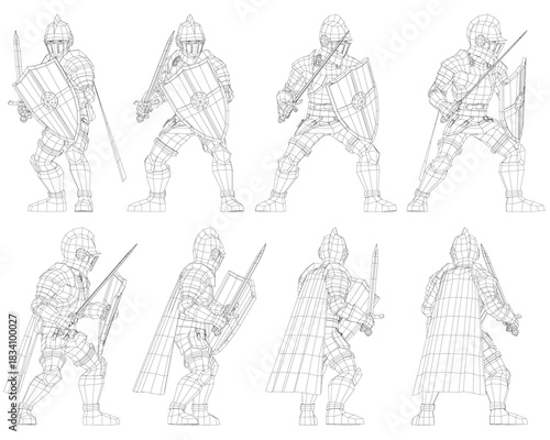 Six armored knights in full battle gear stand ready with swords and shields. Each warrior's unique armor design is highlighted against a stark white background for a clean, low poly aesthetic.