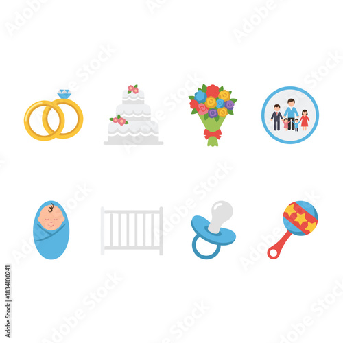 Wedding and baby cartoon icons set