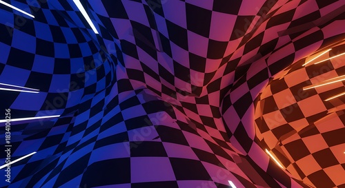 Fototapeta Naklejka Na Ścianę i Meble -  Abstract checkered tunnel with neon lights.