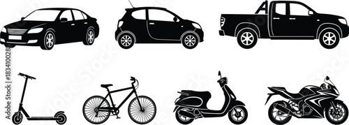 Vehicle silhouettes, car icons, bike scooter, electric transport, motorcycle, pickup truck, compact car, urban mobility, black vector, transportation set