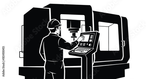 Skilled worker in hard hat operates advanced machinery in a modern industrial setting.