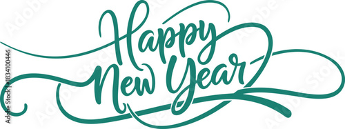 Happy New Year text design with festive decorative elements for celebration graphics.