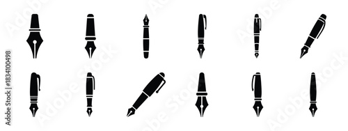 fountain pen vector icon set and silhouette art isolated on white background