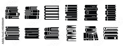 library book stack vector icon set and silhouette art isolated on white background