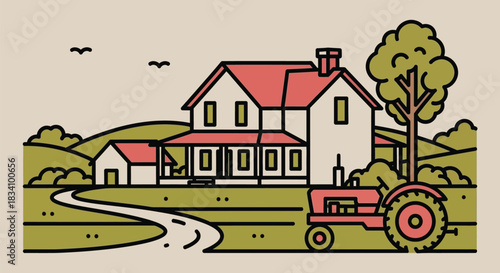 Idyllic rural farmhouse scene with a tractor in a sunny meadow.