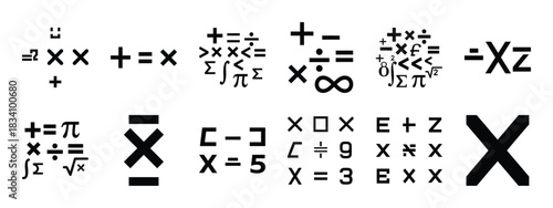 math symbols vector icon set and silhouette art isolated on white background