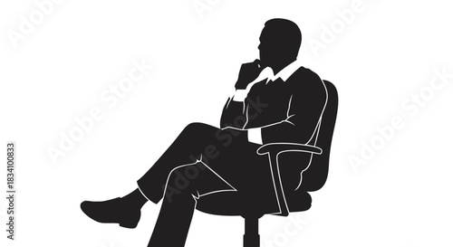 Thoughtful businessman in silhouette, sitting and contemplating in an office chair.