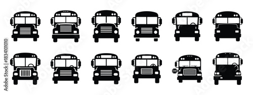 school bus front vector icon set and silhouette art isolated on white background