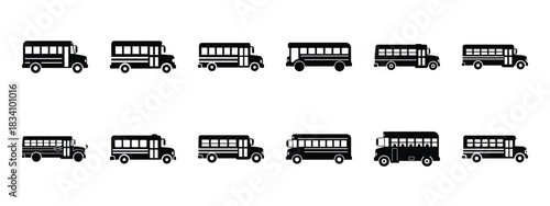 school bus side vector icon set and silhouette art isolated on white background