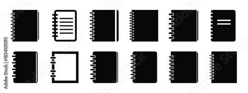 spiral notebook vector icon set and silhouette art isolated on white background