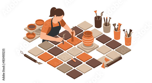 Isometric pottery workshop: artisan at work on ceramic tiles