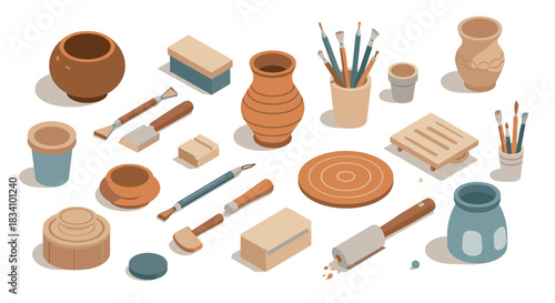 Pottery craft tools and supplies in isometric design for creative arts and hobbies