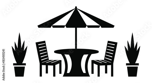 Outdoor patio set with umbrella and potted plants, perfect for a relaxing summer day