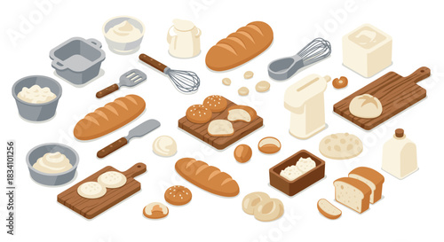 Isometric baking ingredients and utensils set for kitchen design and culinary projects