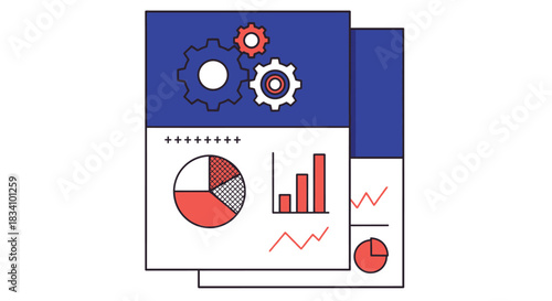 Digital analytics dashboard displaying charts and gears for data insights and business strategy.