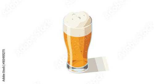 Refreshing isometric glass of beer with frothy head on white background