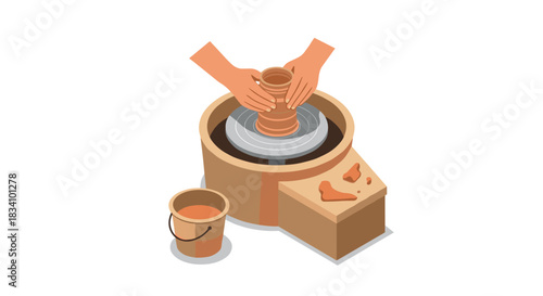 Crafting pottery: isometric art of pottery making on a wheel