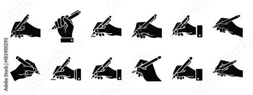 writing hand vector icon set and silhouette art isolated on white background