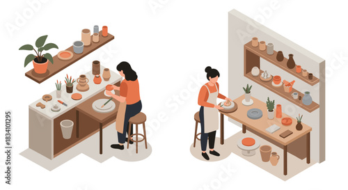 Creative pottery workshop with modern isometric design elements