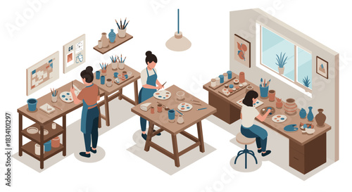 Isometric art studio scene with pottery painting and creative activities